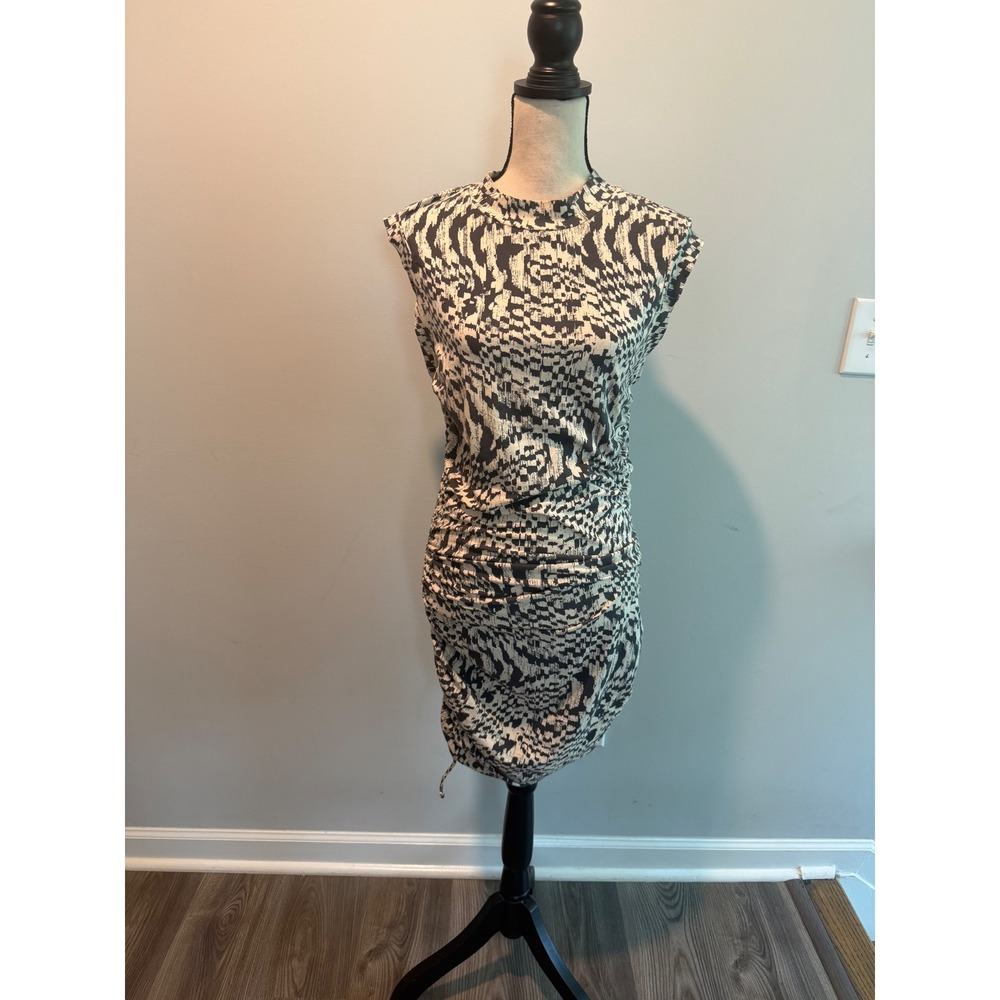 Daily Practice Anthropologie Ruched Dress Gray Beige Abstract Print Medium